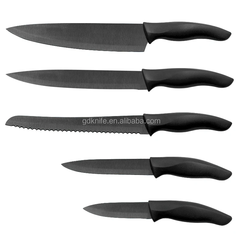 Professional 5 pcs with pp handle  black  titanium plated non stick coating stainless steel kitchen knife set