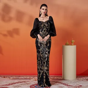 Luxury Black Gold Sequin Middle East Evening Dresses Elegant Puff Sleeve Bodycon Formal Long Gown for Party Banquet Wedding