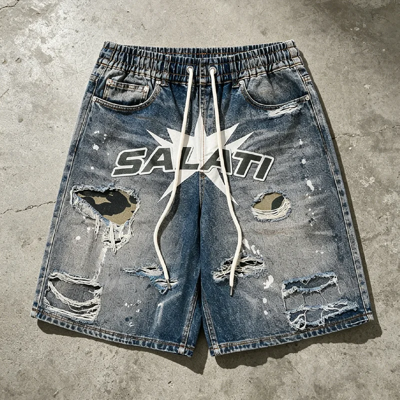 High Quality Print Bermuda Streetwear Distressed Straight Denim Shorts New Design Custom Embroidery Jeans Shorts for Men gallery 4