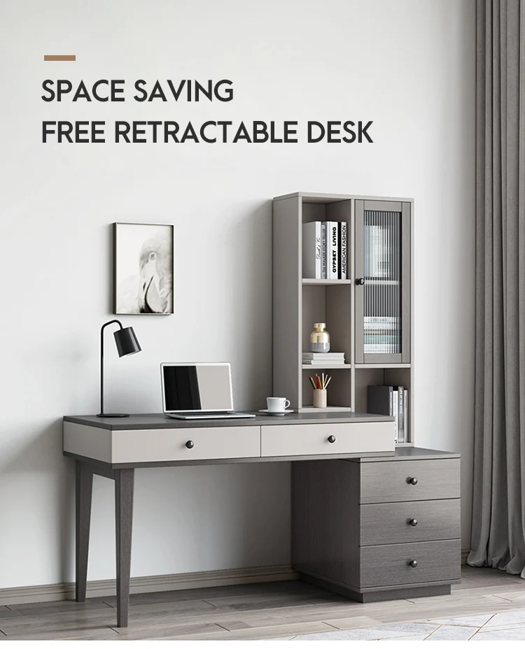 Office Study Computer Table Free Retractable Desk With Bookcase Book