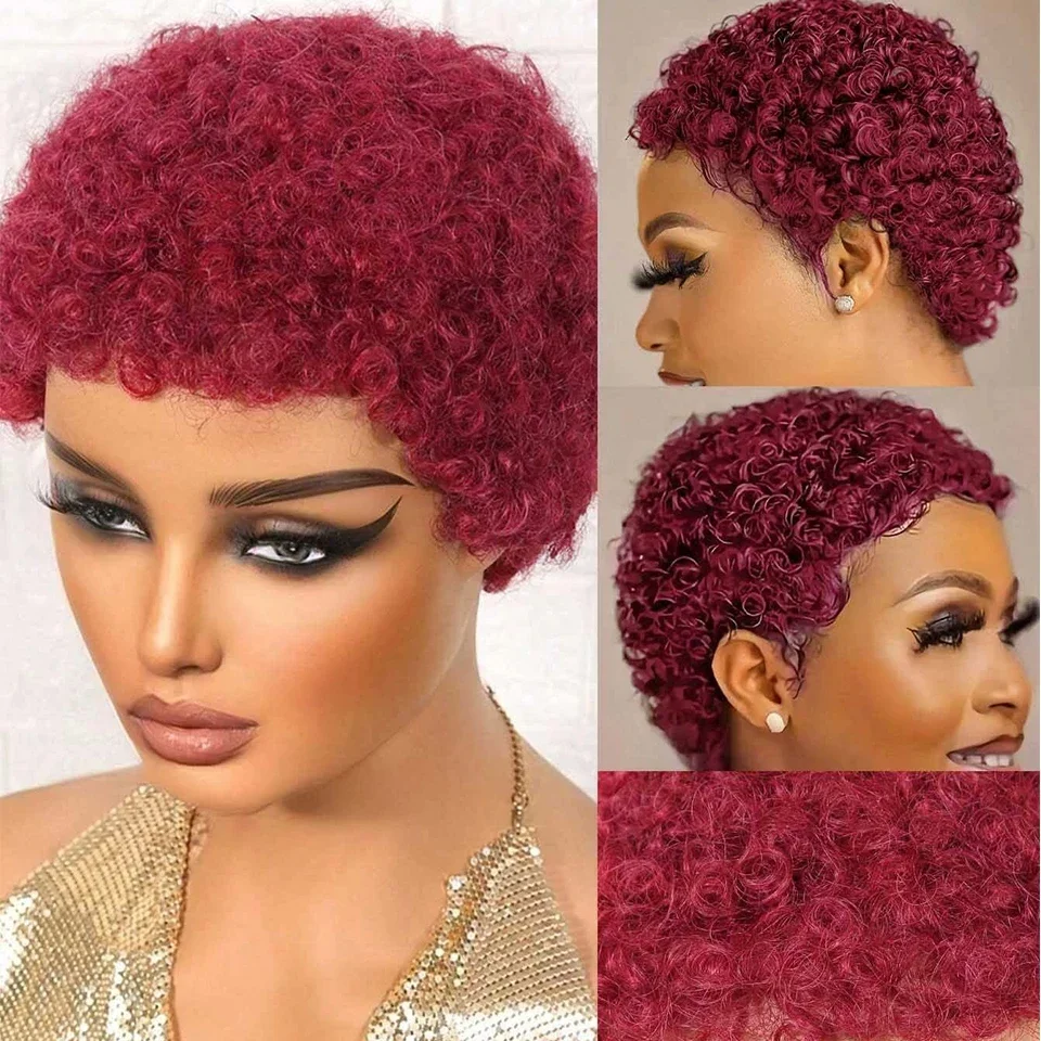 Kurze Afro-Perücke aus gelocktem Echthaar, Pixie-Schnitt, 150 % für Frauen, flauschige Afro-Puff-Perücke aus weichem Remy-Haar_voghion.com