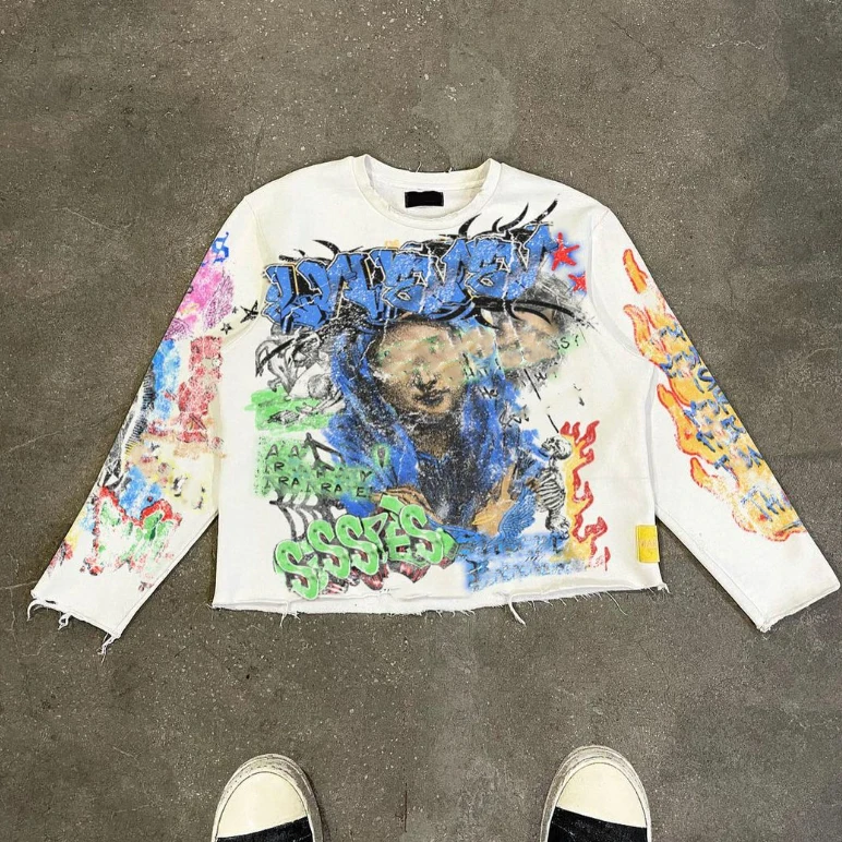 Pasadyang Street Wear na May DTG Printing, 260 280 Gsm, Crew Neck, Maikling French Terry Cotton na May Mahabang Manggas na T-Shirt na may Graphics para sa Lalaki