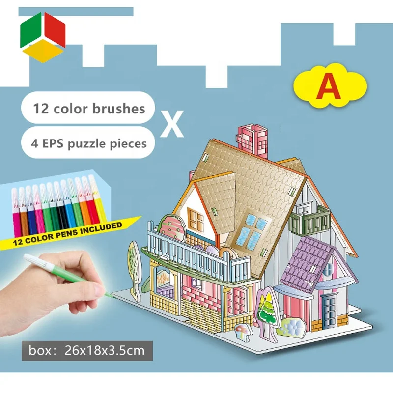 QS Factory Doodles 3D DIY Assembly Drawing Castle Splicing Coloring Cardboard Paper Puzzle Writing Practice Card Toys for Sale