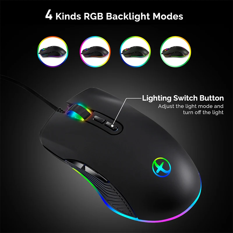 4 Rgb Backlit Modes Wired Mouse 3200Dpi Gaming Mouse 7D Ergonomic Usb C Optical Mouse