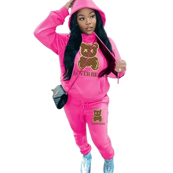 Wholesale can customize bear pattern autumn and winter 2-piece set, women's loose hoodie casual sweatpants suit women's suit