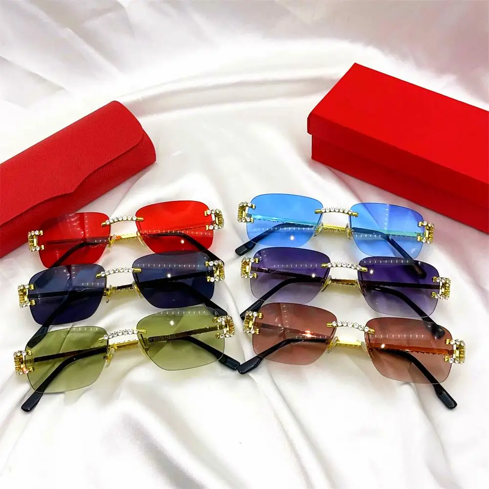 2022 Luxury Rhinestone Sunglasses Small Rimless Rectangle Sun Glasses