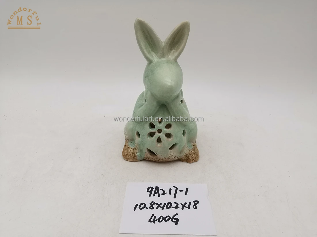 Easter ornaments rabbit egg shaped candlestick ceramic tea light candle holder with led light for home decoration