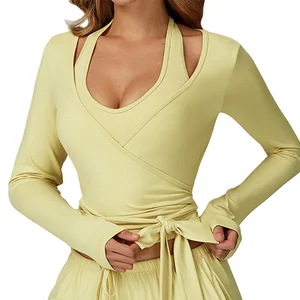 LANGHE Custom High Quality Quick Dry Long Sleeve Deep V-neck Yoga Top One-piece Wrap Running Sports Top for Women
