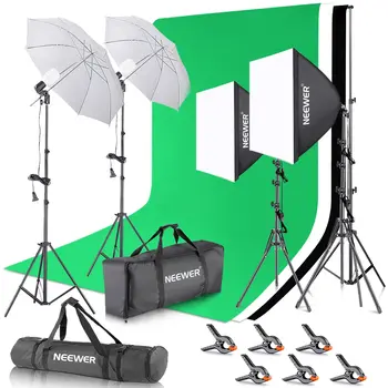 NEEWER 2.6x3M / 8.5x10FT Backdrop Stands  5700K 800W Equivalent 24W LED Umbrella Softbox Photography Lighting Kit With Backdrops