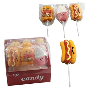 Hot Selling Cartoon Hamburger Hot Dog Shape Fruit Flavor Marshmallow Lollipop Candy