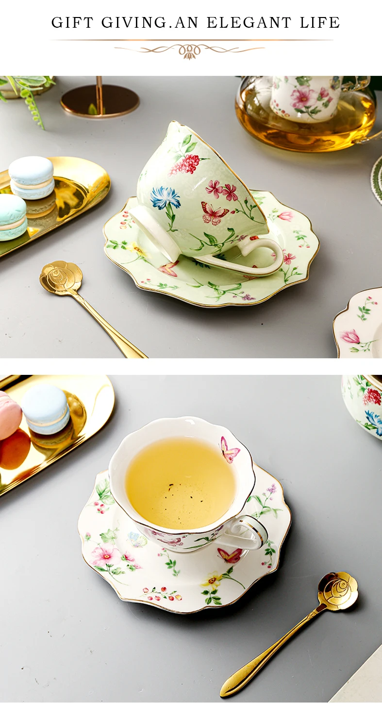 7 Piece European Ceramic Bone china Tea Sets China Coffee Set with Butterfly and Flower Painting for Double details