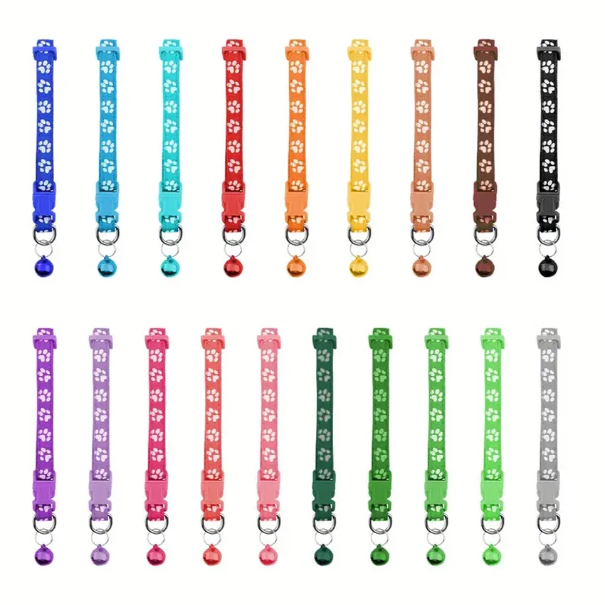 Adjustable Nylon Dog Collar with Quick Release Buckle Durable Paw Pattern Print Bell and Breakaway Design for Pets