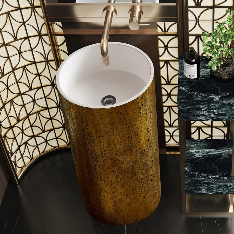 Creative Travertine Surface Gold Electroplated Luxury Style Floor Mounted Artificial Stone Wash Basin Bathroom Pedestal Sink