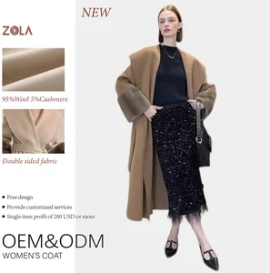 Women's Winter Long Cashmere Coat with Fur Trim Handmade ODM Service Casual Vintage Style V-neck Belt Closure Woolen Fabric