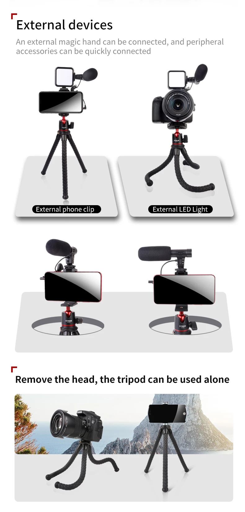 Coman Portable Flexible Vlogging Kit Video Recording Mini Octopus Tripod Stand Camera Smartphone Tripod For Mobile Phone