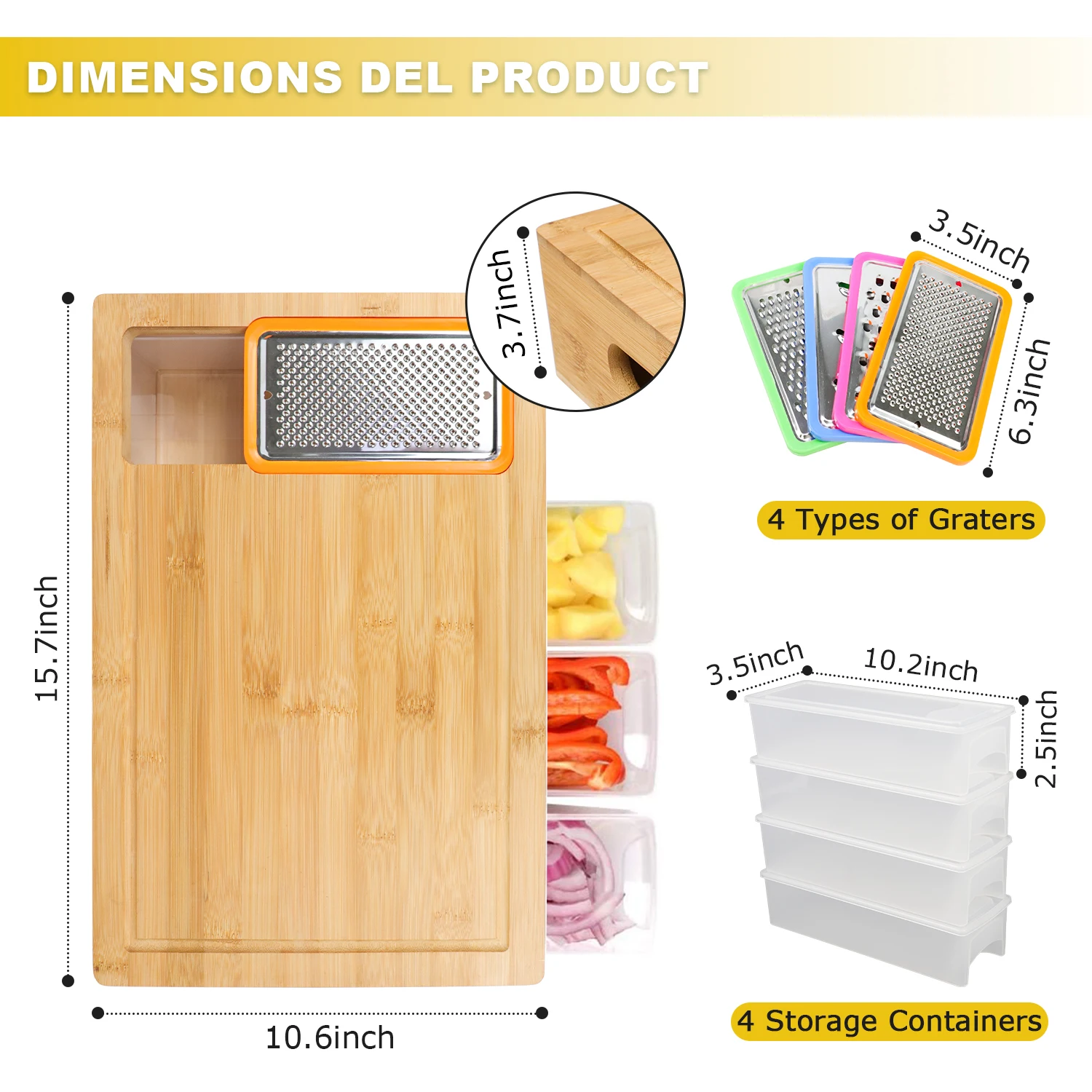 GL Extra Large Bamboo Cutting Board Chopping Block with Juice Groove and Containers for Food Preparation