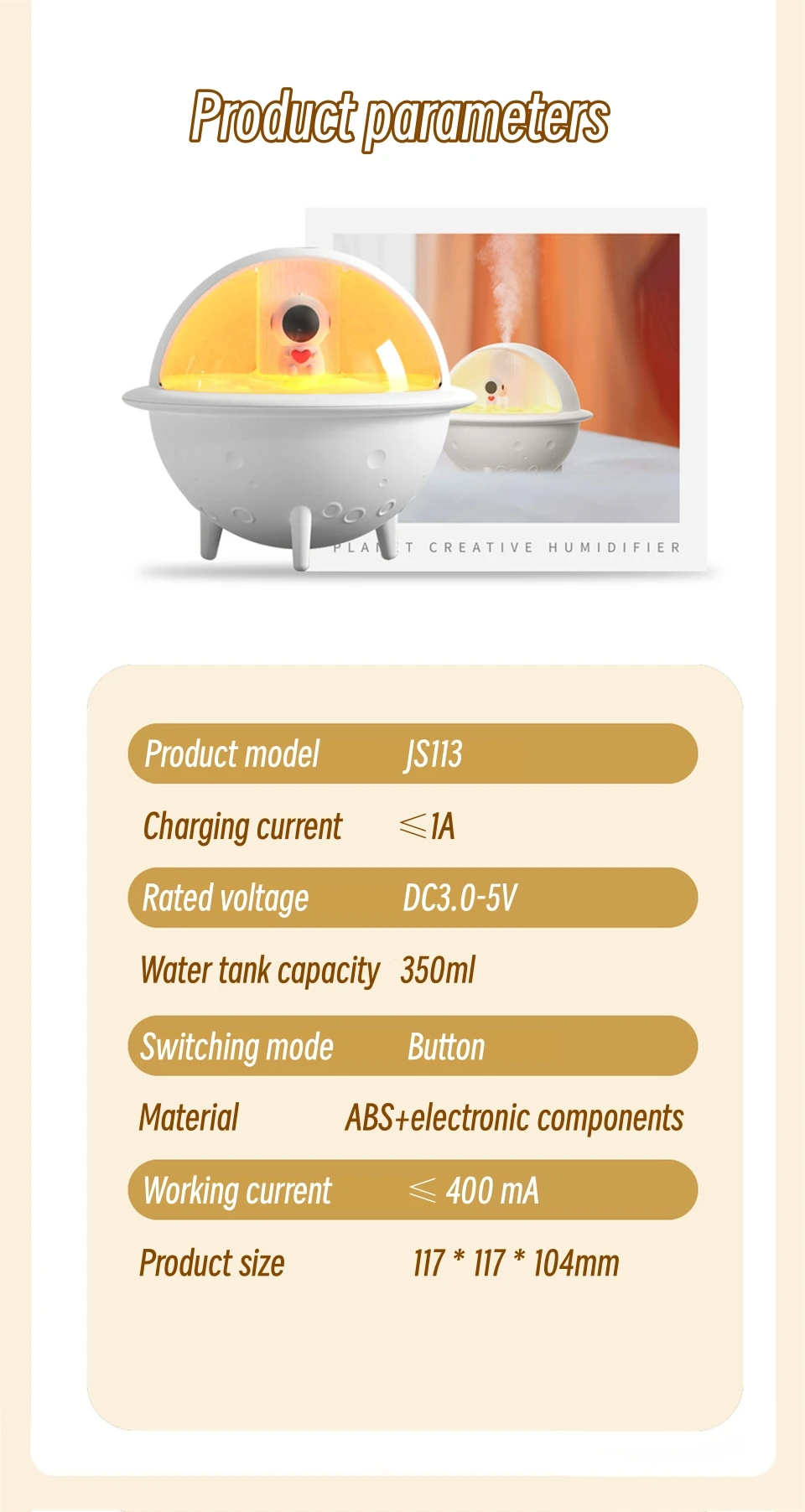 Gadgetoo Creative 350Ml Space Man Planet Humidifier Cool Mist Ultrasonic Mist Sprayer With Romantic Warm Light