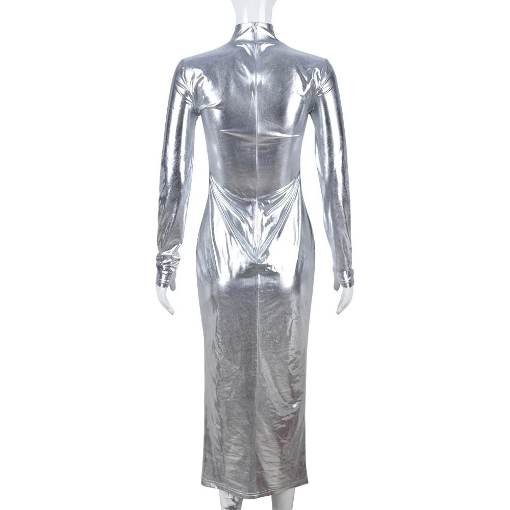 American Style Back Zipper Bodycon Silver Dress Women Long Sleeve Midi  Shiny Reflective Dress