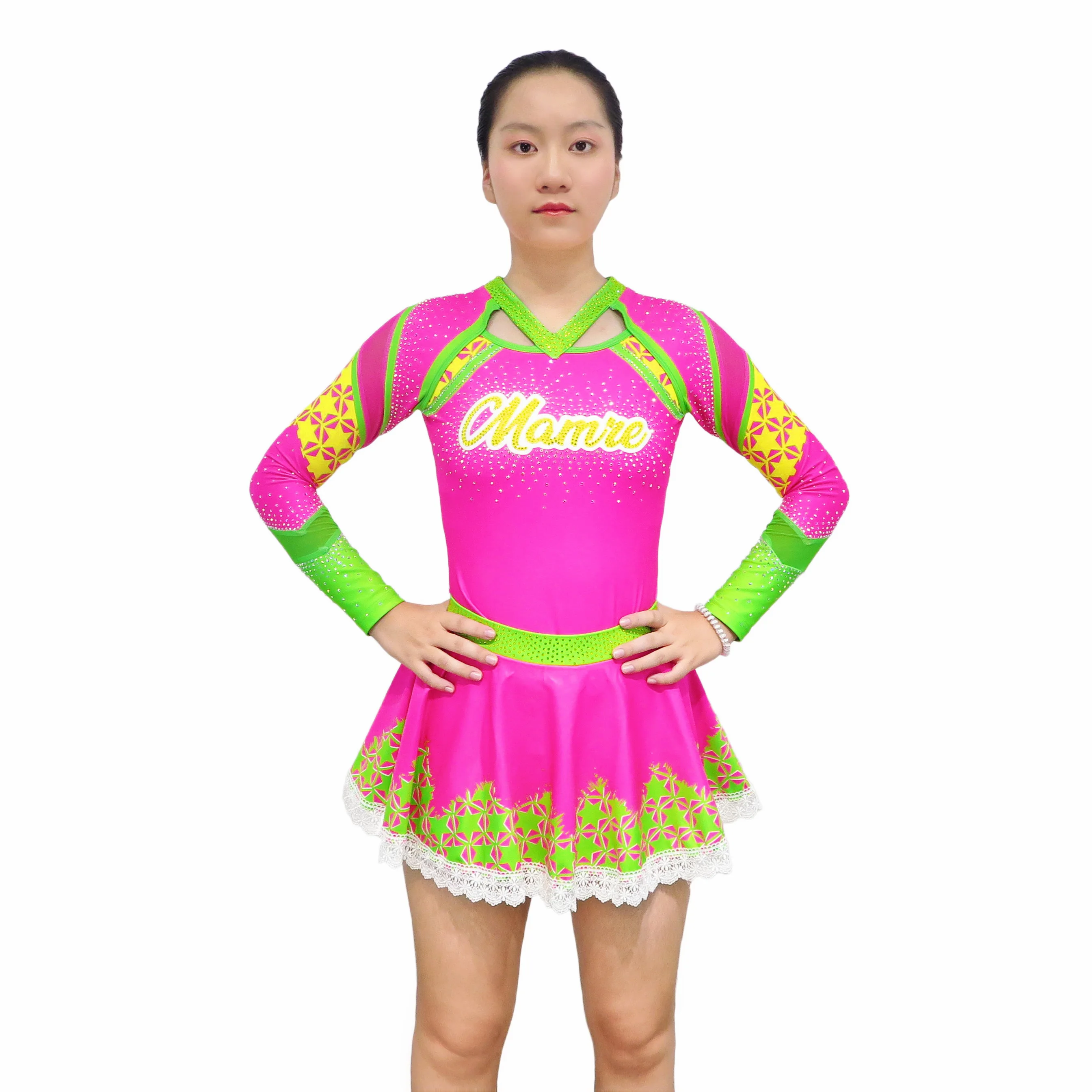 Pink Cheerleading Uniform with Mamre Print Colorful Design Team Competition Cheer Dance Performance Dress