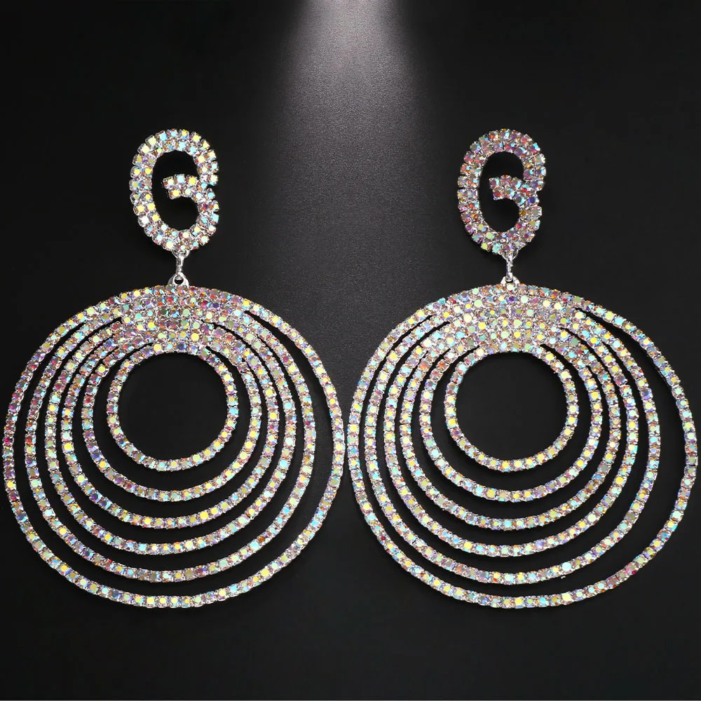 Exaggerated Oversized Earrings with Shiny Colored Diamonds