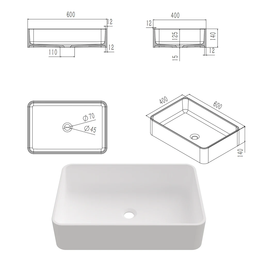 Factory Direct Rectangular Large Size Design Bathroom Sink Solid Surface Hand Wash Basin