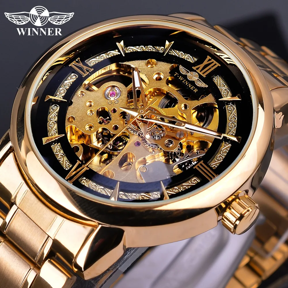 WINNER Brand Luxury Gold Watch For Men Automatic Mechanical Skeleton Watches Mens Stainless Steel Strap Business Wristwatch Male