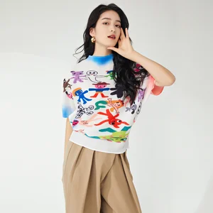 High Quality Women's Summer Casual T-Shirt Elegant Personalized Stretch Printed Short-Sleeved Bat Sleeve Pleated Fashion Top