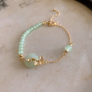 Elegant Green Jade Bead Bracelet with Gold Ginkgo Leaf Ping an Kou Charm Exquisite Women Jewelry Fashion Chain & Link Bracelets