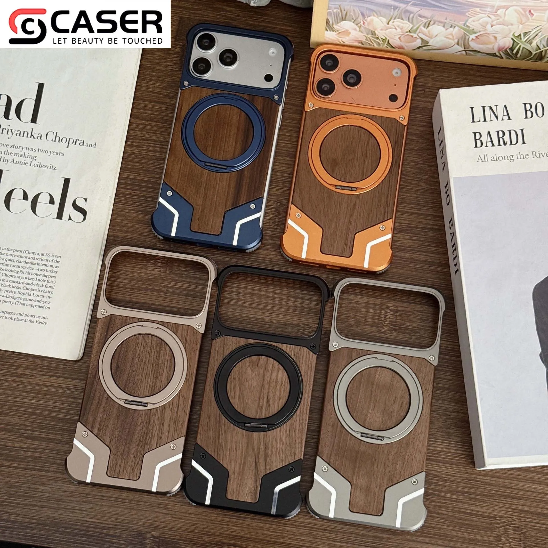 Magnetic Ring Phone Case With Hidden Kickstand Natural Walnut Wood Metal Bezel Anti Drop Cool Mecha Phone Cover for iPhone 13-17