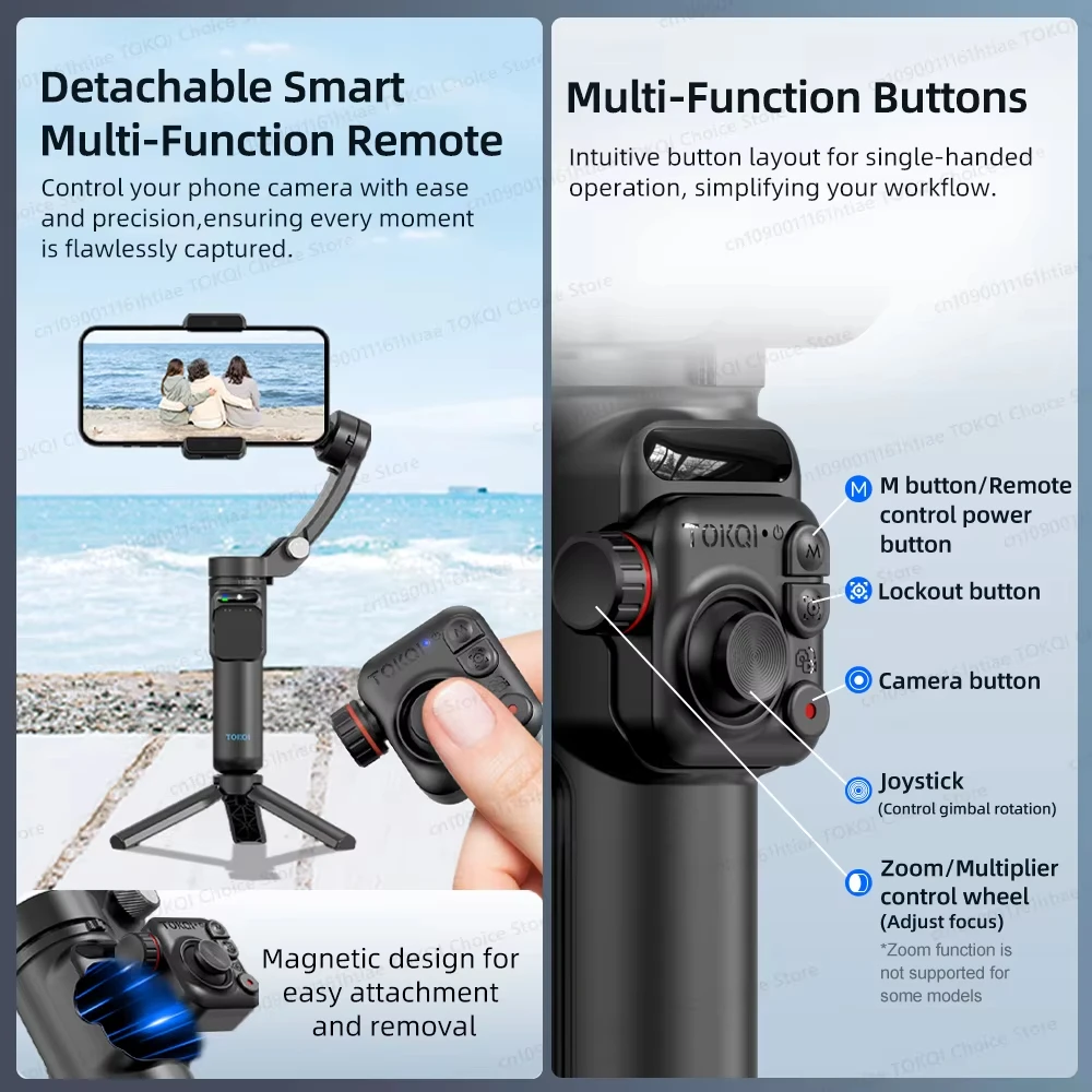 Tokqi M02 360 AI Tracking Handheld Smartphone Gimbal Black Mobile Phone Stabilizer with Remote Control Zoom Camera