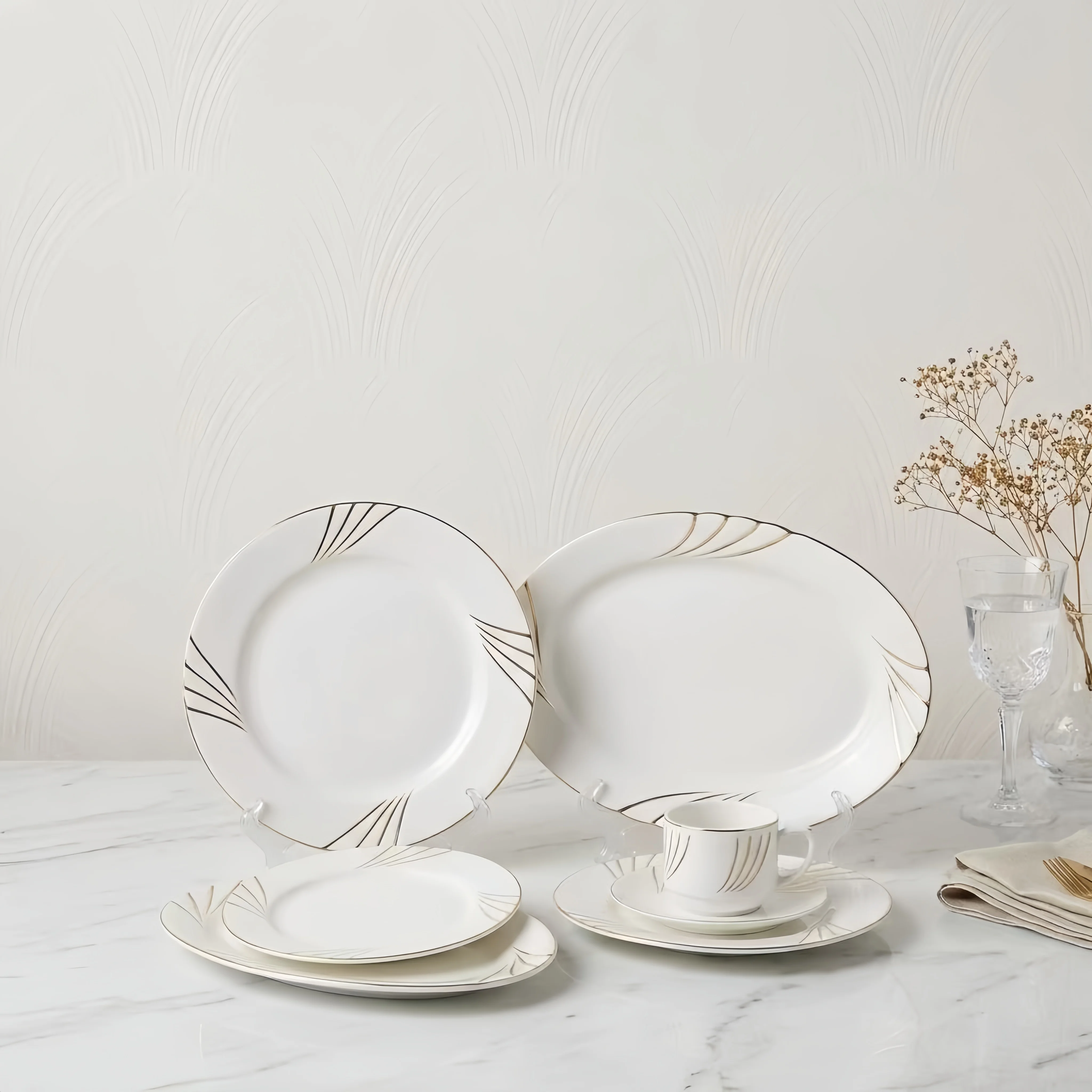 ชุดภาชนะสำหรับรับประทานอาหารสีขาวแบบมินิมอลพร้อมลายเส้นทอง – จานและถ้วยที่หรูหรา เหมาะสำหรับใช้งานประจำวันและโอกาสพิเศษ