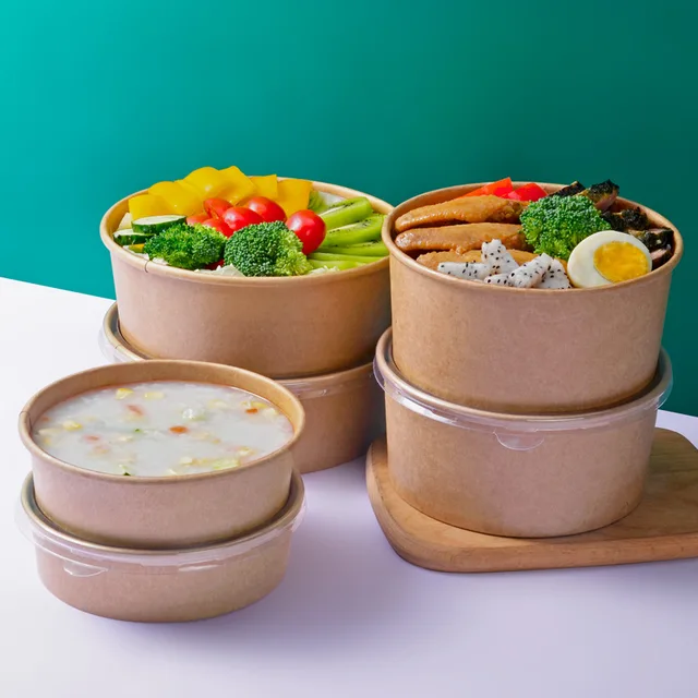 Custom Printing Disposable Biodegradable Take-Out Snack Box Kraft Paper Salad Bowl Fruit Salads Paper Plates Bowls With Spoon
