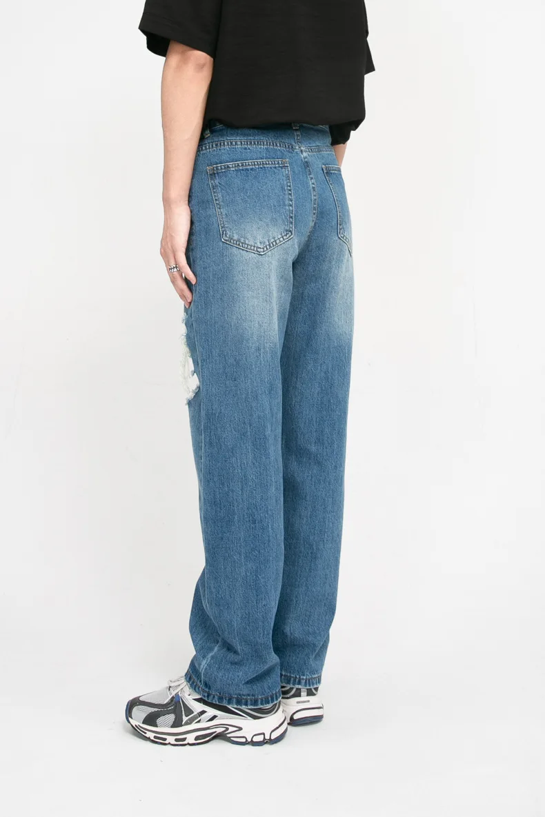 2024 Pantaloni rupți cu găuri la genunchi, design personalizat pentru bărbați, blugi distress de calitate albaștri_voghion.com