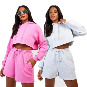 Wholesale Women's Custom Logo Two-Piece Casual Sports Hoodie Short-Length Trousers Cotton Suit for Women
