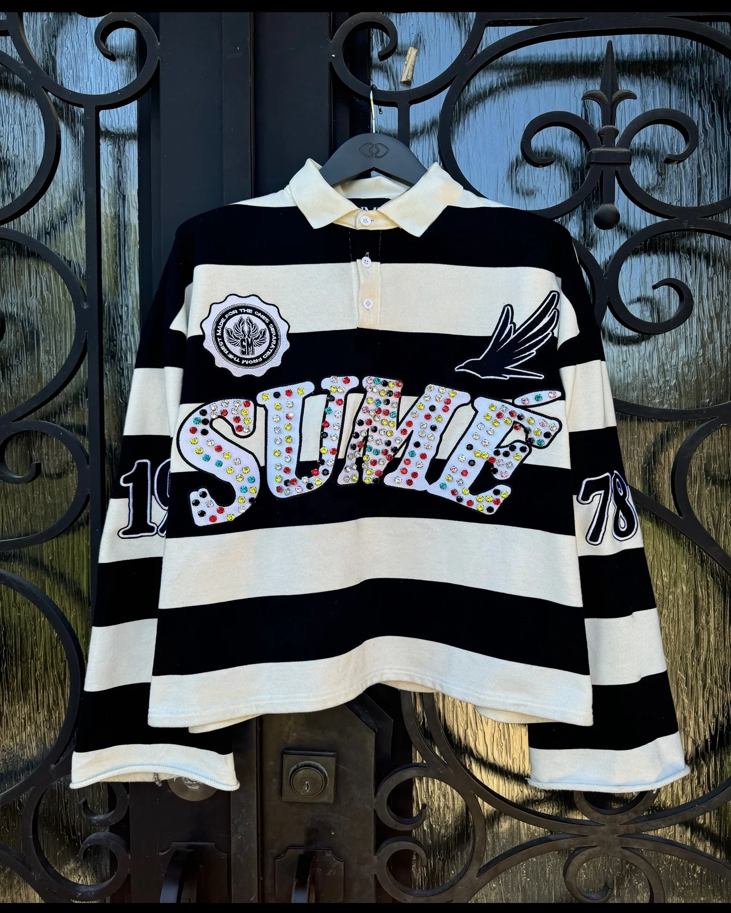 Salati Custom Embroidered Striped Cotton Knitted Button Collar Rhinestone Print Long Sleeve Oversized Rugby Polo Shirts for Men gallery 8