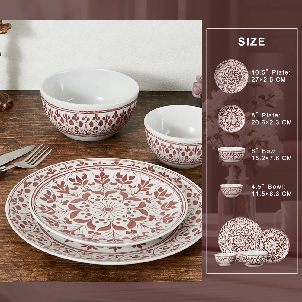 Modern Bohemian-Style Ceramic Dinnerware Set Dinner Plate Eco-Friendly Red Printed Porcelain Cup Kit for Home Hotels Restaurants