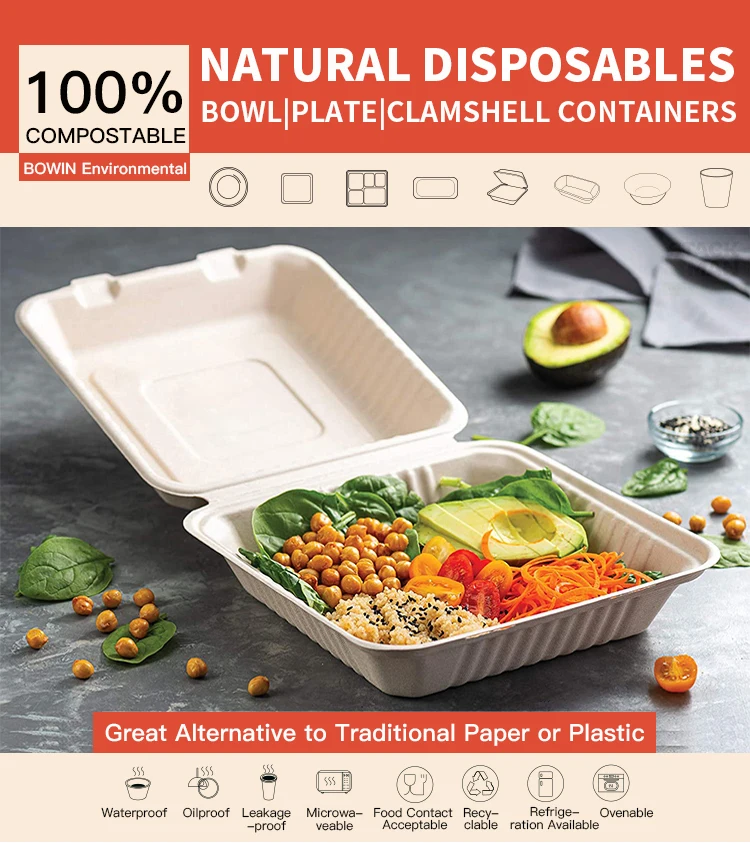 Compartment Clamshell Container Disposable Biodegradable Bowl Sugarcane ...