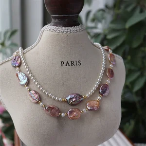 Handmade European American Joker Freshwater Pearl Clavicle Necklace Simple Natural Stone Color Link Chain Wholesale