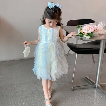 2025 Girls Summer O-Neck Puff Skirt New Embroidery Knee-Length Layered Mesh Cake Skirt Small Medium-Sized Solid Pattern