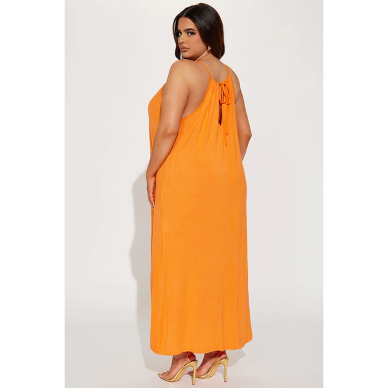 OEM Factory Custom Style Size Sleeveless Spaghetti Straps Side Pockets Tie Back High Stretch Women's Midi Length Casual Natural