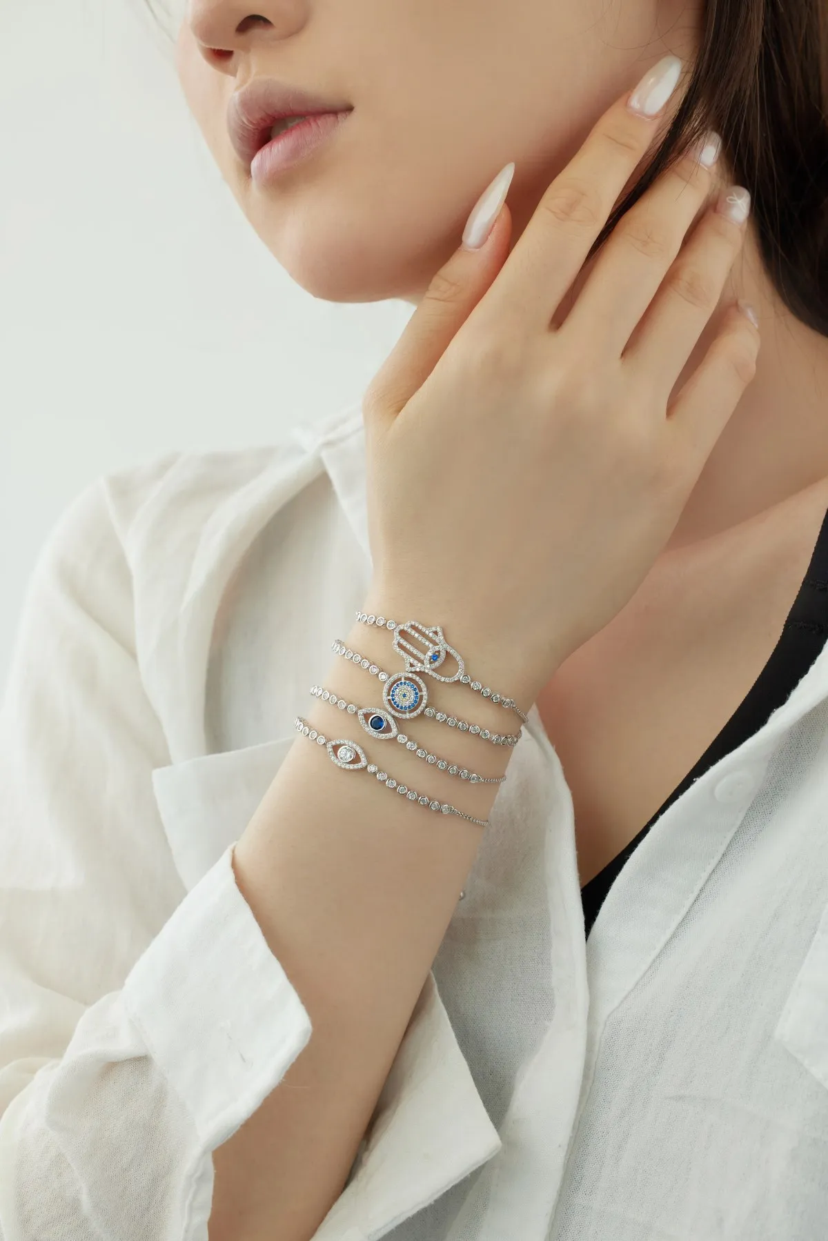 KAKODIY Matte 925 Sterling Silver Hollow Hamsa Bracelet Cubic Zirconia Tennis Amulet Bracelet Women's Accessories detail 2