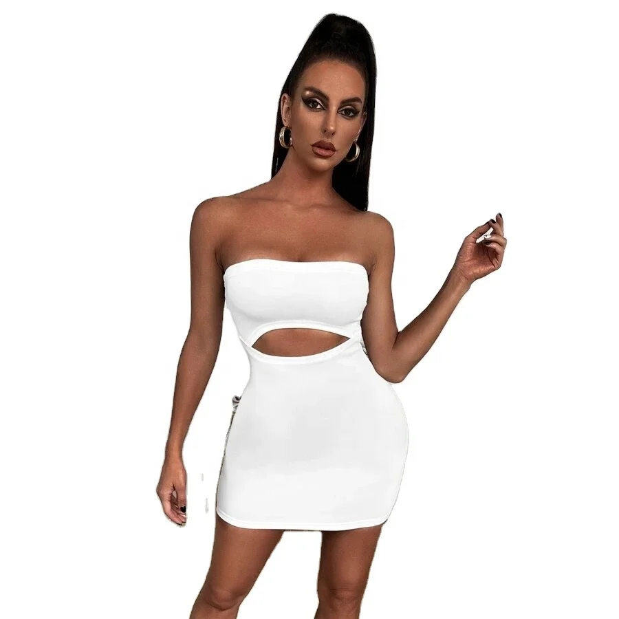KY Womens Fashion Clotheds Women Sexy White Dressing Bodycon Dress Hollow  Out Strapless