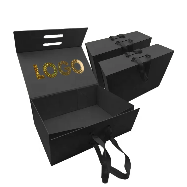 Factory Customization Luxury logo Size Ribbon Gold Stamping Magnetic Gift Rigid Packaging Box Gift Clothes Paper Rope Black Box