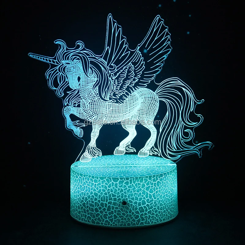 Crack Glow 7 Color Unicorn Remote Control 3d Lamp Illusion Acrylic Night Light for Kids Gifts