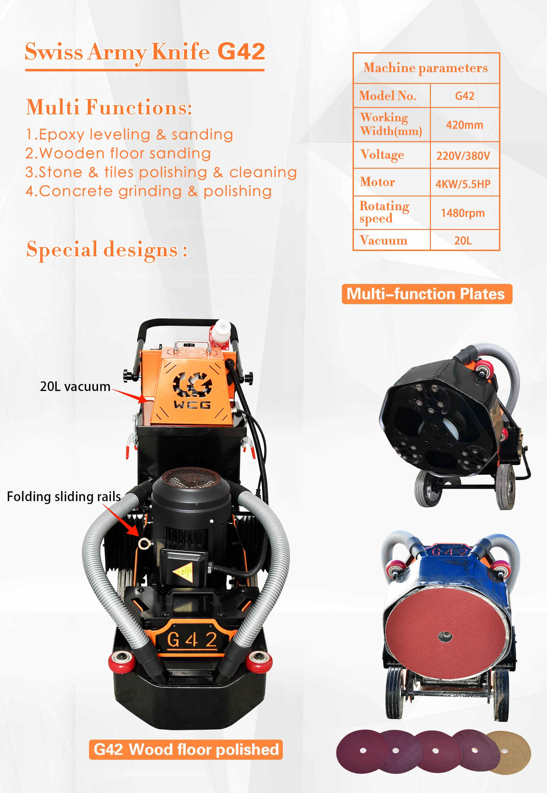 Multi Functional 50 Hz / 60 Hz 17" Wood Floor Sander Machine Commercial Wooden Floor Polishing