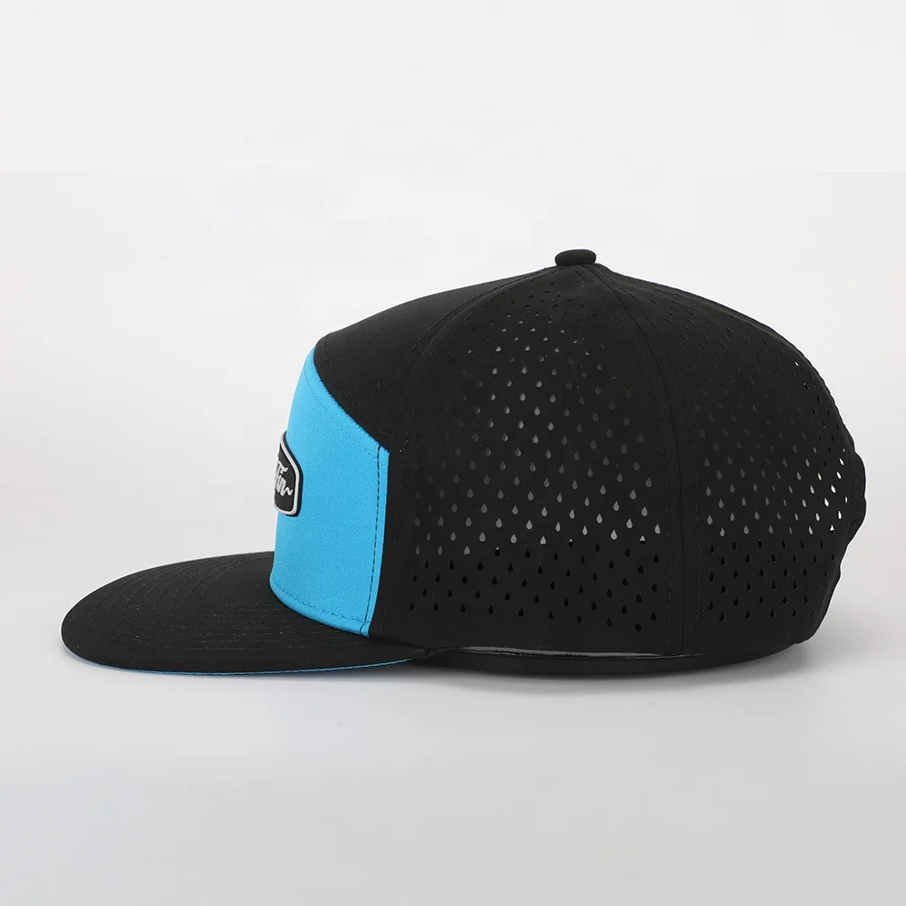 BSCI Oem Custom High Quality 6 Panel Flat Bill PVC Patch Logo Sport Snapback Cap Waterproof Laser Cut Hole Perforated Hat