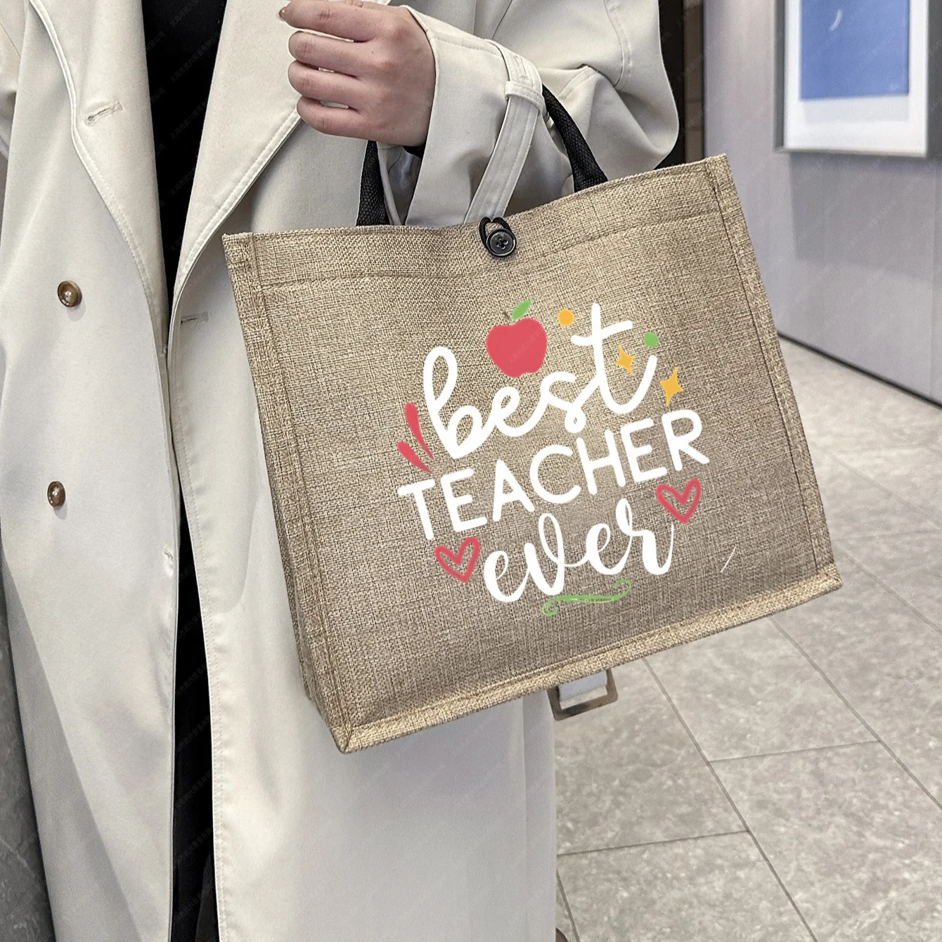 Teacher's Day Personalized Printed Shoulder Tote Bag Opening Back