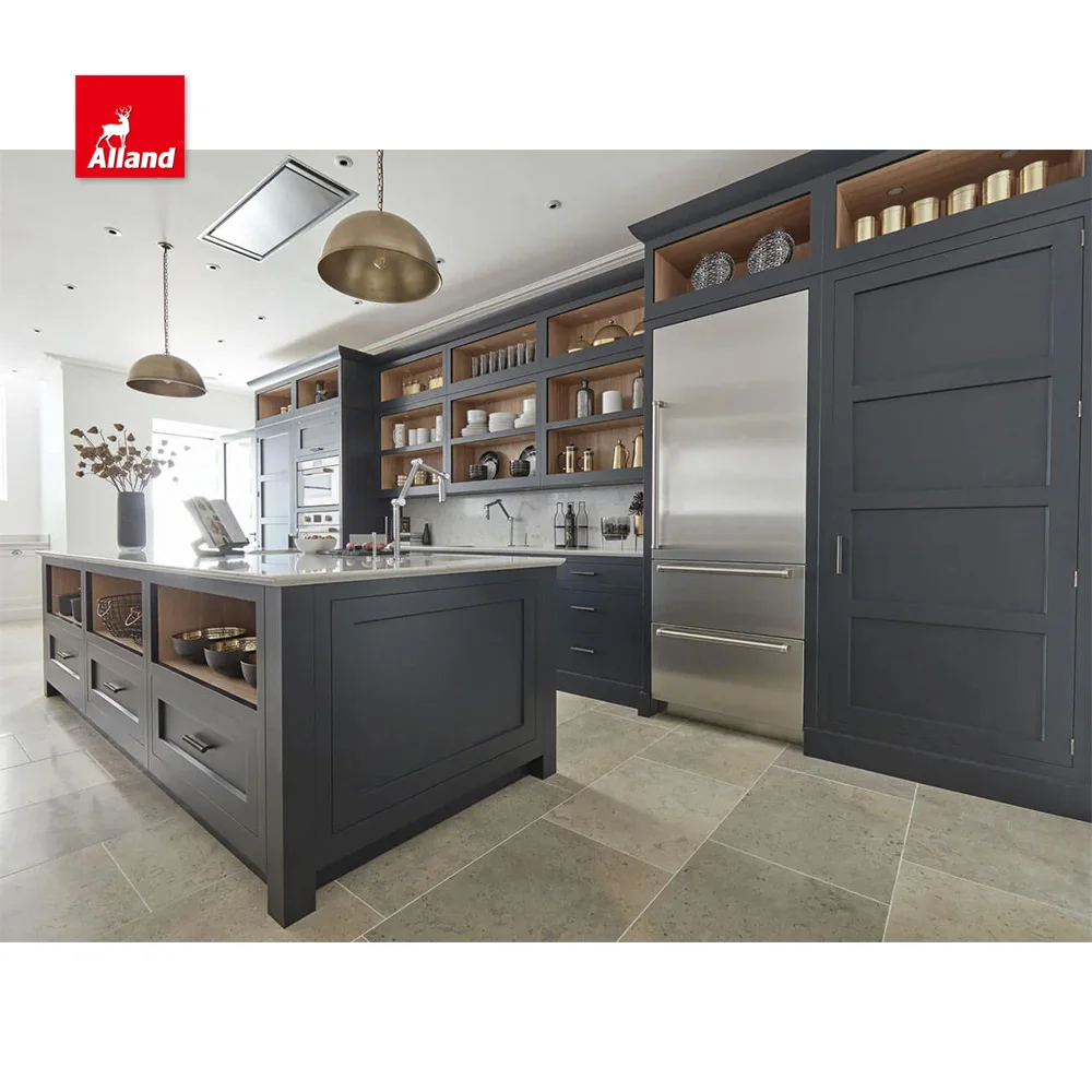 Allandcabinet Transitional Design American Inset Framed Solid Wood Kitchen Cabinet with Open Shelves and Marble Countertop
