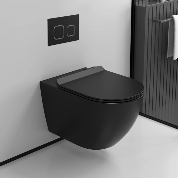 Wall hanging european rimless p trap modern color ceramic sanitary ware wc wall mounted drain matt black wall hung toilet manufacture