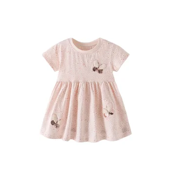 Summer New European American Children's Casual Straight Silhouette Print Dress Girls Short-Sleeved Round Neck Dress with Skirt